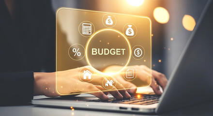 Person using laptop with budget graphic overlay displaying financial planning and management tools