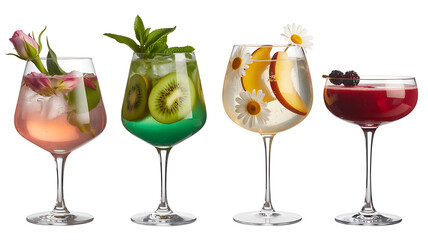 Four colorful cocktails with fruit and flower garnishes on white background