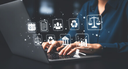 Person typing on laptop with law enforcement and justice icons floating above the keyboard area