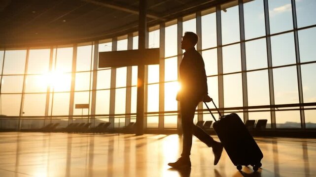 Silhouette of business traveler in airport at sunset, arriving or departing