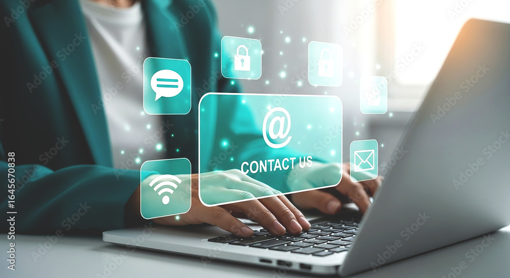 Poster person typing on laptop with contact us icons floating above the keyboard in a bright setting