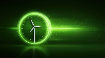 Futuristic image of a wind turbine inside a glowing green clock, symbolizing renewable energy, sustainability, and environmental awareness.
