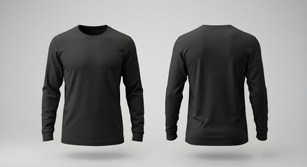Black Long Sleeve T-Shirt Mockup, Front and Back View, on White Background