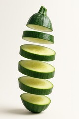 Fresh zucchini sliced into floating layers on light background