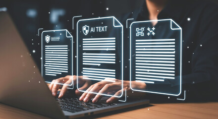 Person typing on laptop with ai text and document icons displayed in a digital interface overlaying the screen