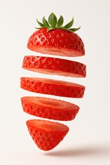 Fresh strawberry sliced into floating layers on white background