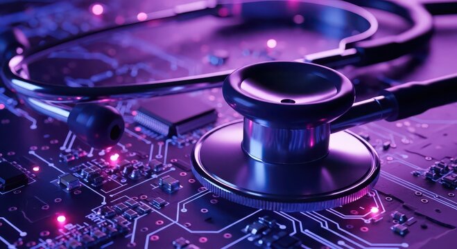 Modern medical diagnostic tool stethoscope resting on a glowing electronic circuit board with purple illumination