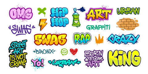 Cool Graffiti tags and Street Art of Hip-Hop doodle vector elements. Bright Street Art words and quotes: SWAG, King, Graffiti, Rap and Hip-Hop grunge style elements for patterns and tee print design
