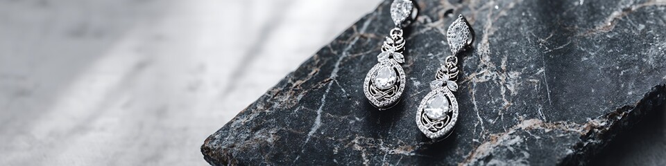 White velvet background with designer earrings and dark granite contrasts