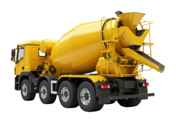 Concrete mixer truck in action at construction site industrial setting side heavy machinery concept. Cut out png