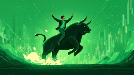 A businessman triumphantly rides a bull in a vibrant green backdrop, symbolizing financial success and market optimism in a digital world