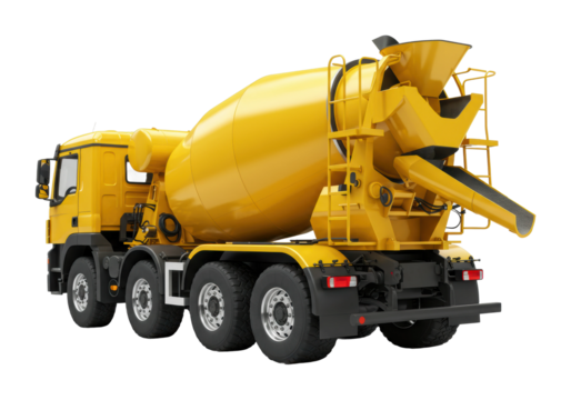 Concrete mixer truck in action at construction site industrial setting side heavy machinery concept. Cut out png