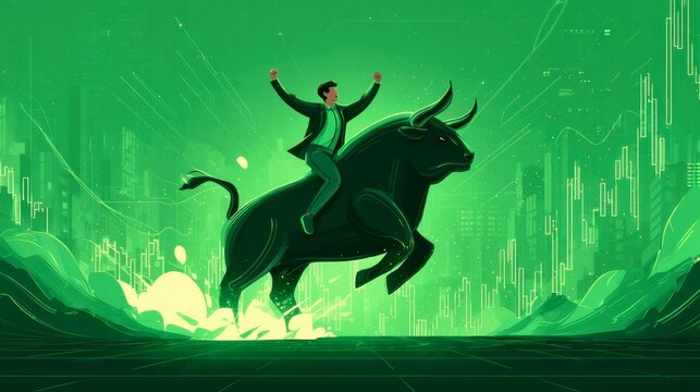 A businessman triumphantly rides a bull in a vibrant green backdrop, symbolizing financial success and market optimism in a digital world