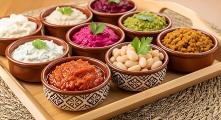 Fototapeta premium Appetizing selection of colorful vegetable dips and beans presented in decorative bowls resting on a tray