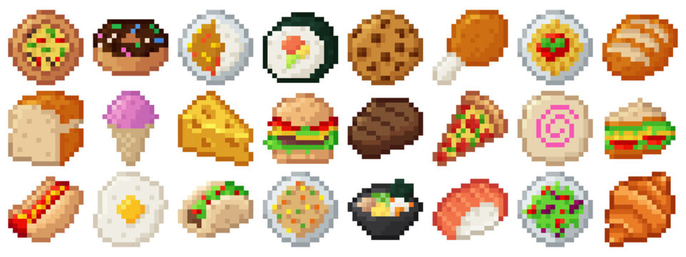 Food Item Pack 16x16 16px Pixel Art for Game Developer dan Design. Contains Bread, Loaf, Cheese, Chicken, Cookie, Croissant, Curry, Donut, Egg, Fried Rice, Hamburger, Hot Dog, Ice Cream, Pizza, etc
