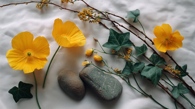 Wildcrafted botanical flat lay with yellow wildflowers, ivy leaves and natural stones. Native plants showcase eco sustainability and rural harmony for natural garden rewilding inspiration.