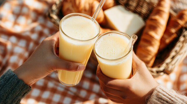 Fresh orange juice glasses held by hands in cozy outdoor picnic setting. Two people toasting with healthy citrus beverages near wicker basket creating joyful gathering atmosphere on sunny day.