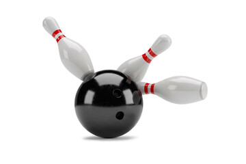 Bowling Ball Striking Pins Isolated on White Background