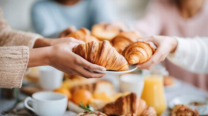 Woman holds plate of golden flaky croissants during breakfast with friends. Fresh french pastries served on white plate with coffee and orange juice. Cozy morning gathering with warm natural lighting.