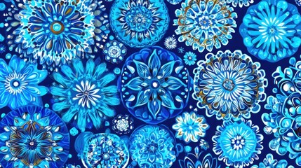 Intricate blue floral patterns create a mesmerizing and decorative abstract background