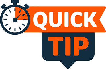 A graphic featuring a stopwatch icon and the words quick tip in orange and dark blue colors