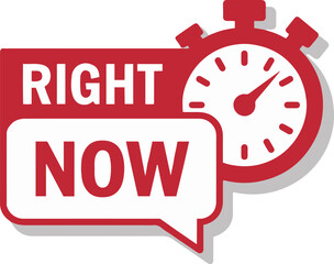 A red and white sticker with the words right now next to a red and white stopwatch illustration