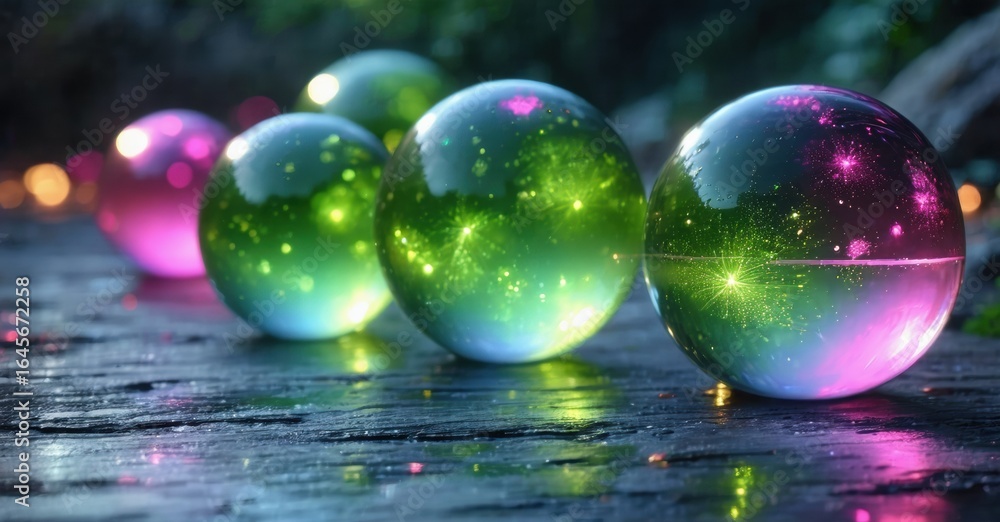 Poster colorful spheres rest upon wet surface. reflections create vibrant, cosmic effect. light plays acros