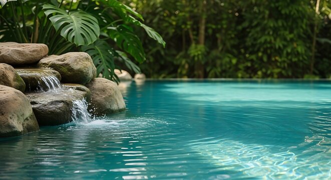 Tranquil tropical swimming pool with a cascading waterfall and lush green foliage - Powered by Adobe