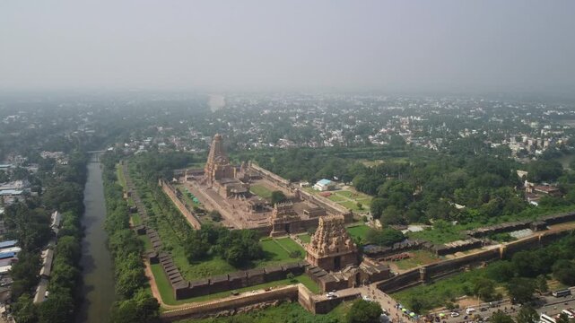 Aerial Left Pan Approach to Brihadeeswarar Temple, Thanjavur, India