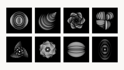 Brutalism abstract line shape background. Black white geometric element black background. Modern design element  poster. Brutal abstract circle figure spiral flower star. Vector illustration