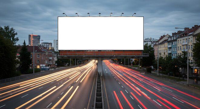 A blank white billboard for advertising stands over a busy city highway at dusk with long exposure light trails from traffic.