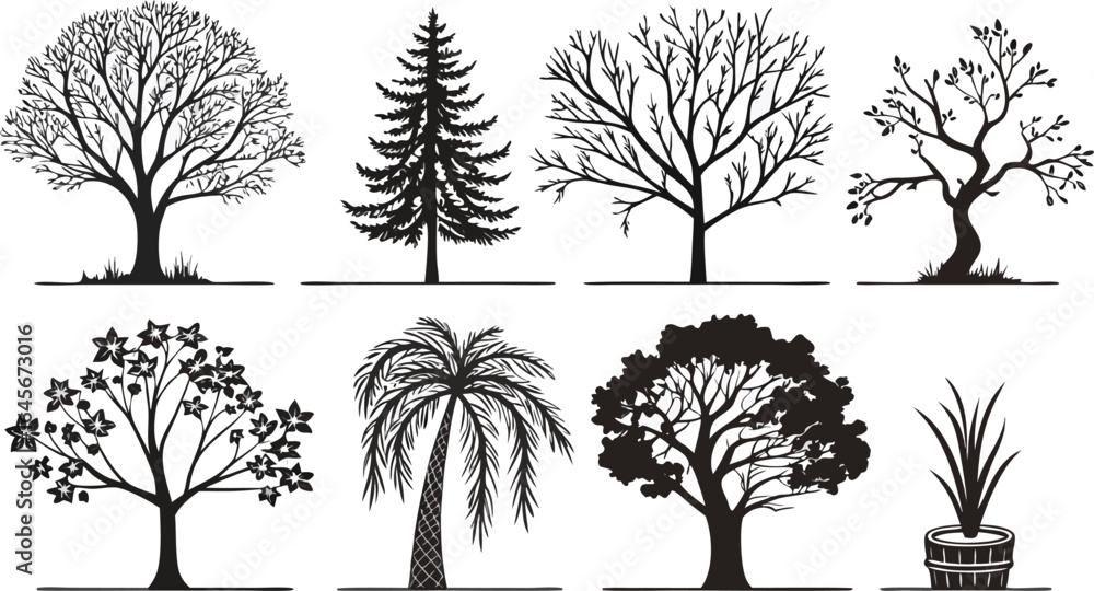 Poster vector art of collection of diverse tree silhouettes showcasing various species and shapes for desig