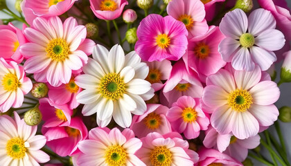 Obraz premium Close up of a vibrant bouquet of pink and white daisies with yellow centers