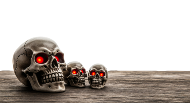 Halloween skulls on empty wooden table for display products isolated on white or transparent background