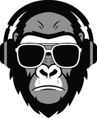 Cool and stylish gorilla head vector with sunglasses and headphones, a black and white mascot design for music-related brands, apparel, and modern-themed merchandise.