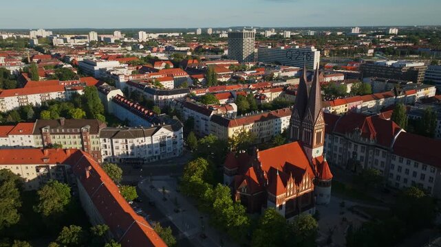 Aerial view of the Coptic Orthodox Church (Koptisch-Orthodoxe Gemeinde) in Berlin, Germany &ndash; distinctive religious architecture and surrounding urban area captured from above . 10 September 2024