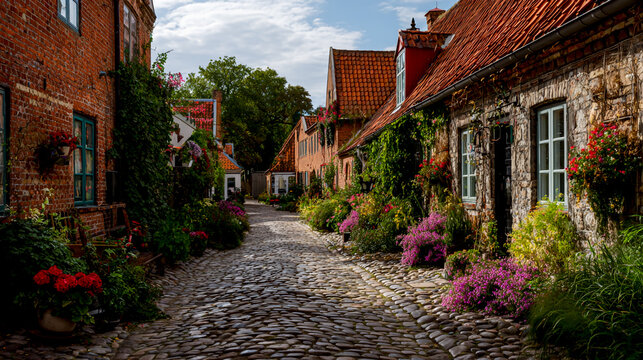 The old cobblestone street in Ribe, Denmark with stone houses and red roof tiles