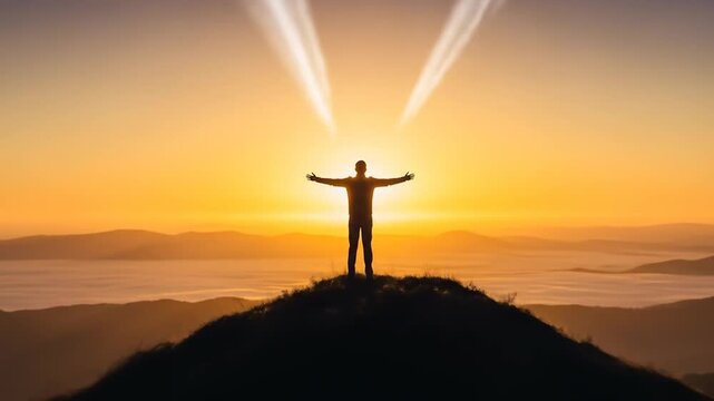 Silhouette of Man Reaching for Sunrise on Mountain Top - Freedom and Inspiration