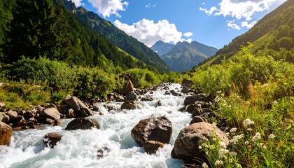 Mountain stream rushes through verdant valley