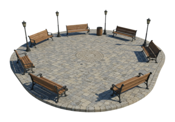 Gathering space with benches and street lamps urban park 3d model outdoor environment aerial concept. Cut out png