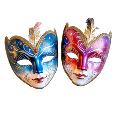 Naklejka premium Two ornate venetian masks one blue and gold the other red and purple isolated on transparent background