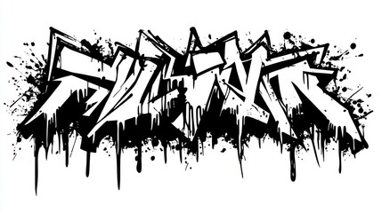 Dynamic black and white graffiti art featuring abstract letters and paint splatters artistic