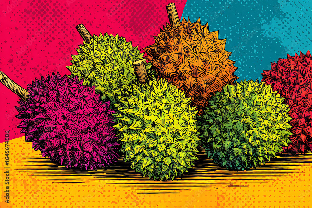 Poster colorful and spiky durians arranged artistically on a vibrant background with abstract patterns