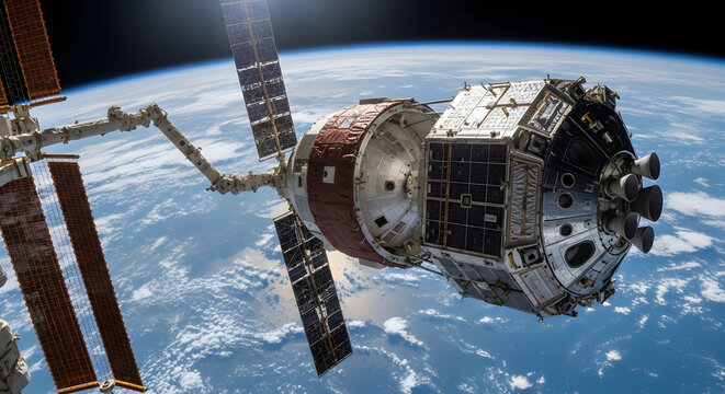 Cargo spacecraft delivering supplies to orbital station above Earth with clear surface details and light contrast