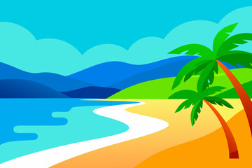 Fototapeta premium Vibrant tropical beach landscape with palm trees and blue mountains