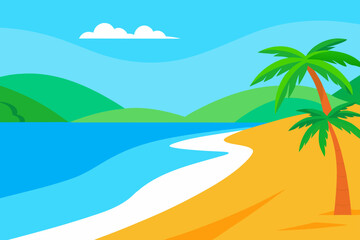 Vibrant tropical beach scene with palm trees and rolling hills