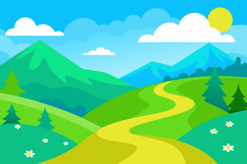 Obraz premium Sunny mountain landscape with winding path and green hills