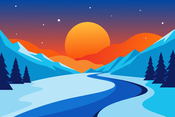 Fototapeta premium Vibrant sunset over a snowy mountain landscape with a winding river