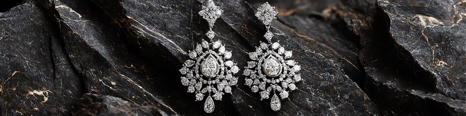 White velvet background with designer earrings and dark granite contrasts