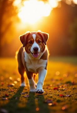 A saint bernard dog joyfully walks across a sunlit park filled with fallen leaves, embodying the warmth of a late afternoon. Generative AI